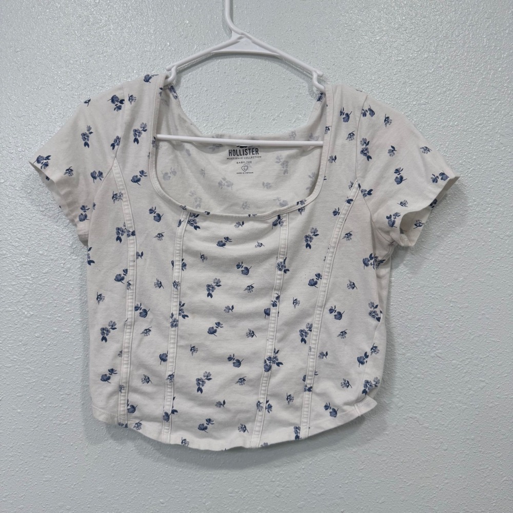 Hollister Floral Corset Seam Baby Tee Cream Blue Square Neck Crop Top Large